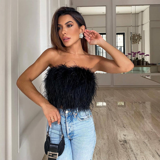 Damen Crop-Top aus Federstoff mit charmantem Design EB