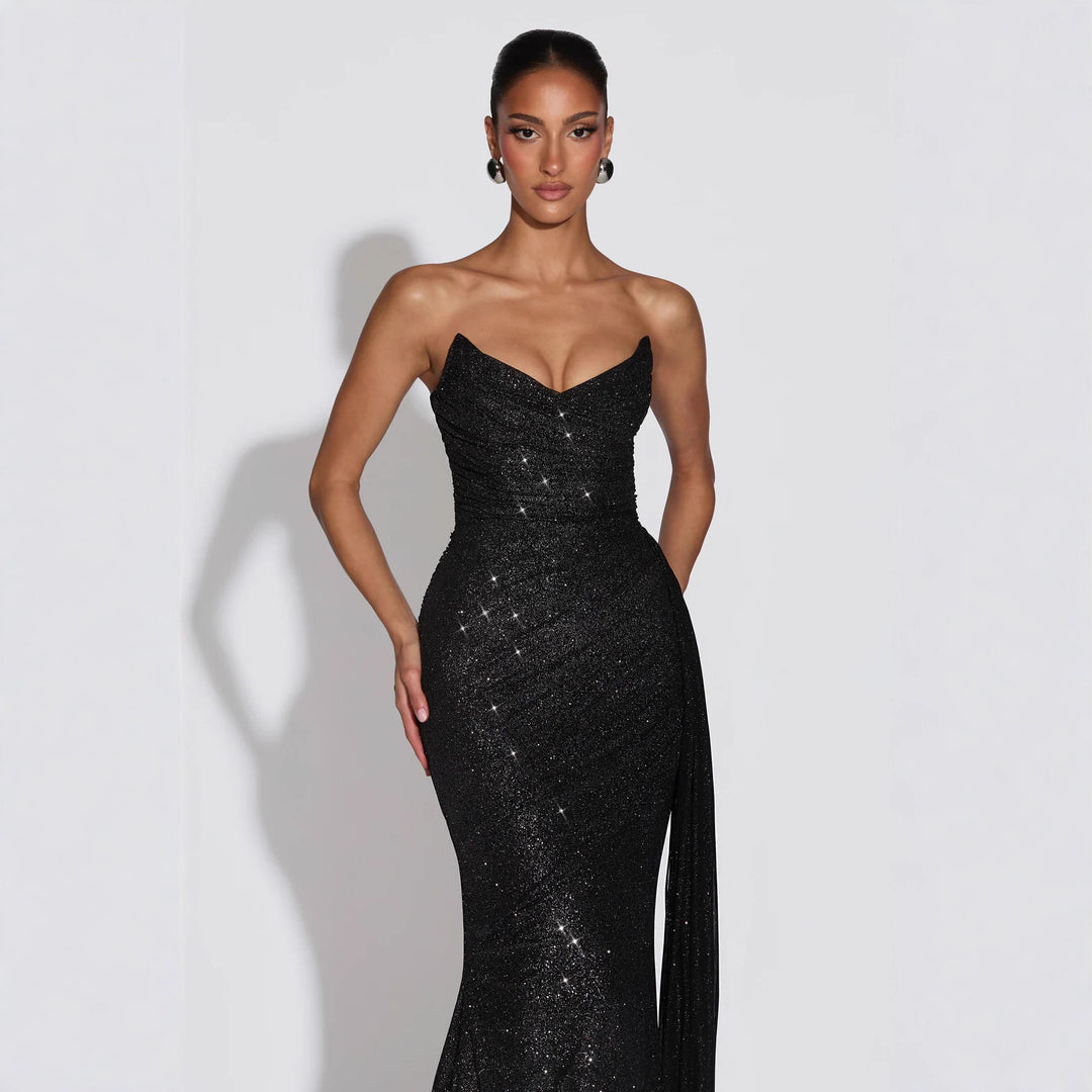 Damen Glamouröses Abendkleid mit tiefem V-Ausschnitt und schimmerndem Überwurf EB
