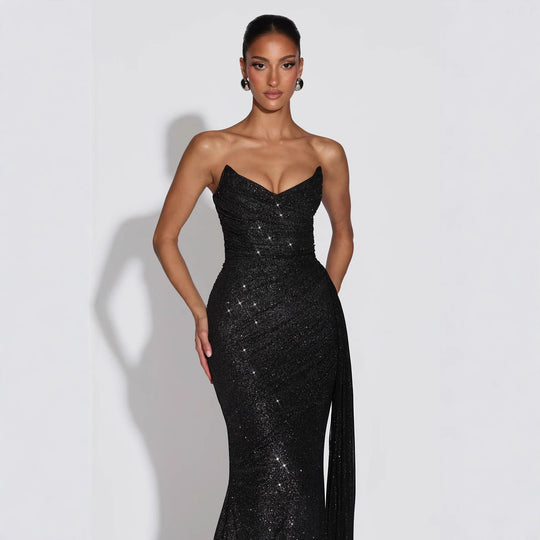 Damen Glamouröses Abendkleid mit tiefem V-Ausschnitt und schimmerndem Überwurf EB