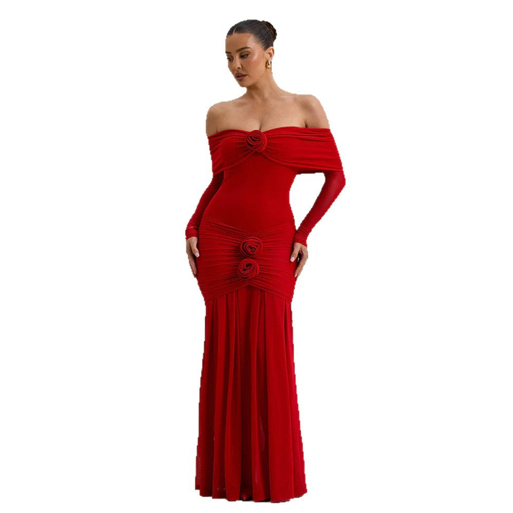 Damen Maxikleid mit schulterfreier Silhouette und dekorativen Rosen EB