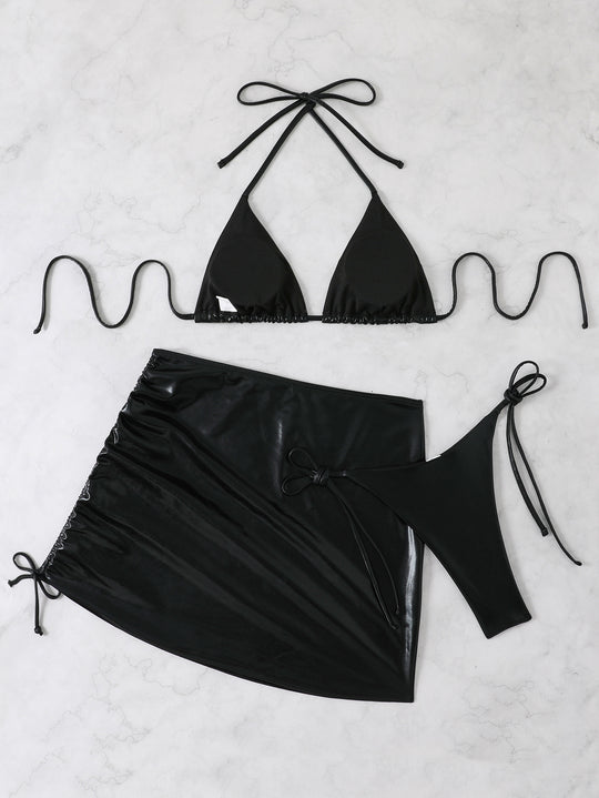 Damen Bikini-Set mit glänzendem Triangel-Oberteil und hohem Taillenschnitt EB