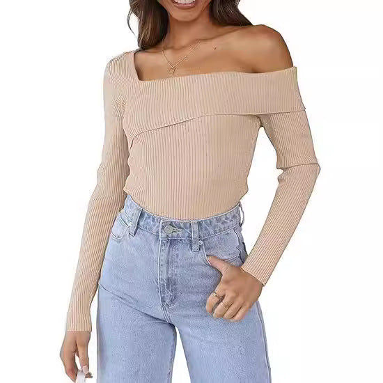 Damen Off-Shoulder Langarmpullover mit Rippstruktur EB