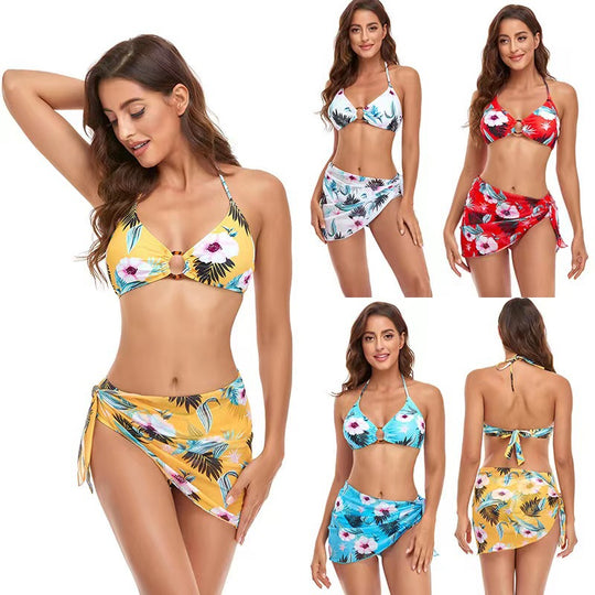 Damen Triangel-Bikini-Set mit modischem Wickelrock und floralem Design EB
