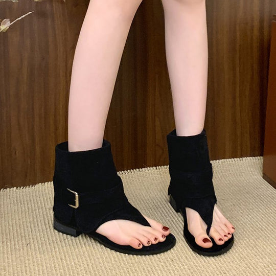 Damen modische Zehentrenner-Stiefeletten mit breitem Riemen und elegantem Schnallenverschluss EB