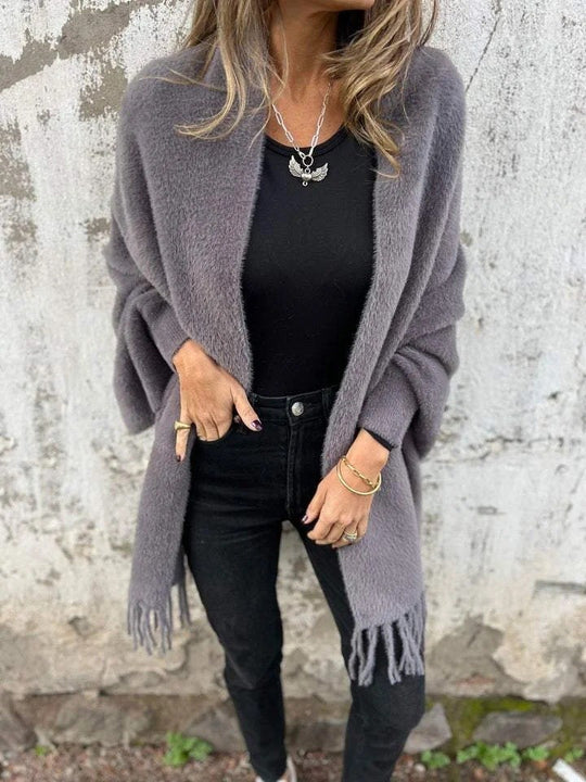 Damen nan langer kuscheliger Fransen-Cardigan mit Schalkragen und Oversize-Passform EB