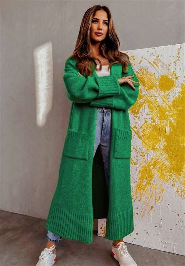 EB | Lange Strickjacke Strickstoff Lockere Passform Offene Vorderseite Seitliche Taschen