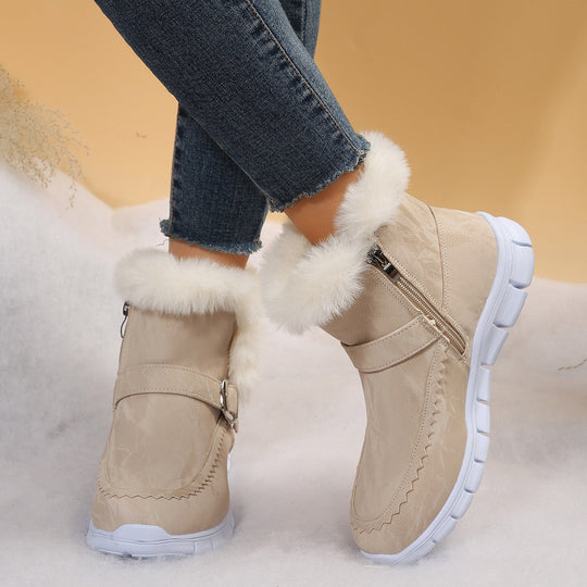 Damen nan gefütterte Kurzstiefel mit Kunstfellbesatz, Velourslederoptik, seitlichem Reißverschluss, dekorativer Metallschnalle und profilierter Lightweight-Sohle EB