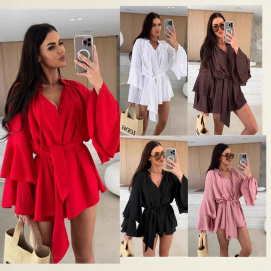 Damen lässiger Kimono mit eleganten Rüschendetails und Taillengürtel EB
