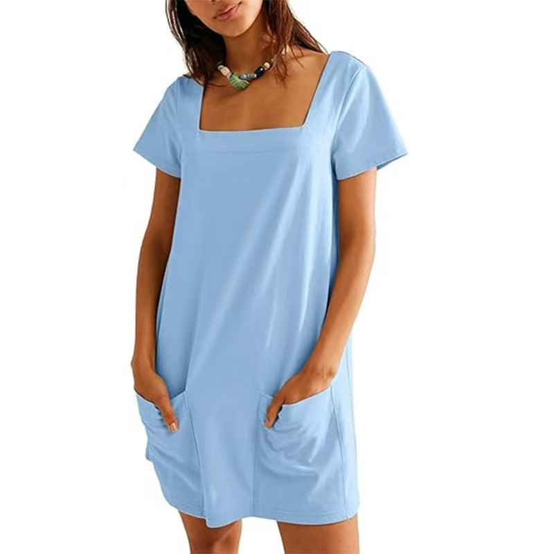 Damen lässiges Tunika-Kleid mit praktischen Taschen und Quadrat-Ausschnitt EB