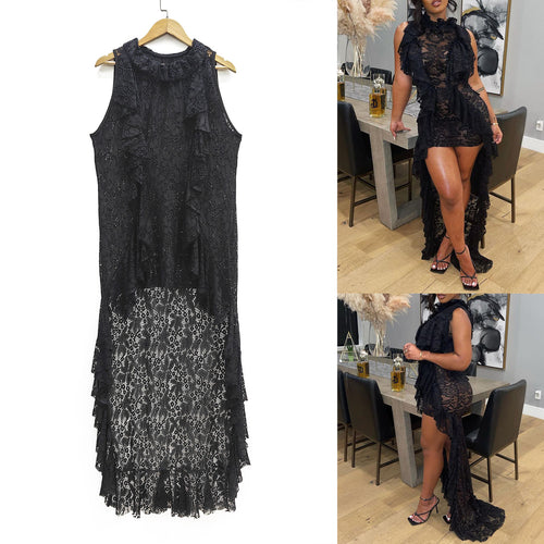 Damen elegantes Spitzenkleid mit Rüschendetails EB