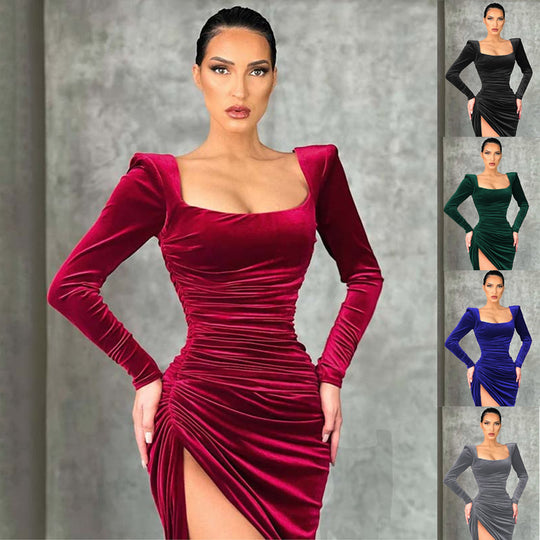 Damen Raffiniertes Stretch-Kleid mit asymmetrischem Schlitz und langen Ärmeln EB