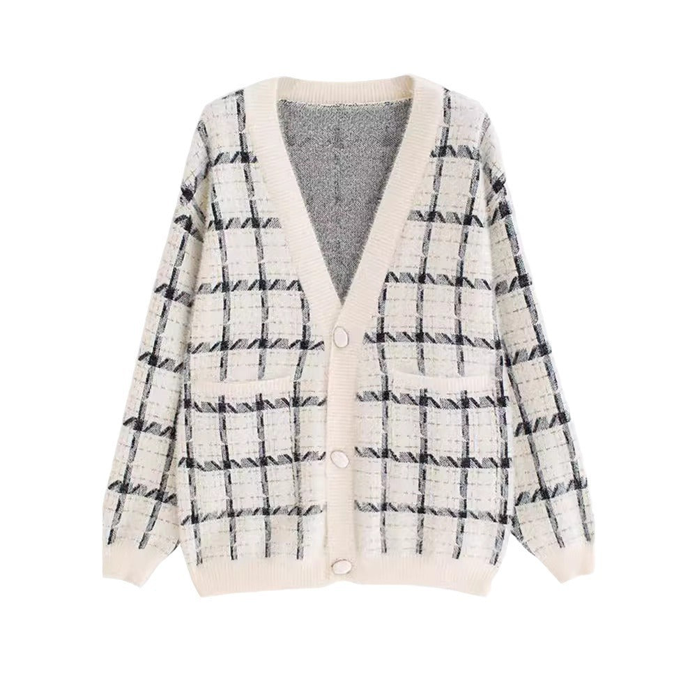 Damen Kuscheliger Oversized-Strickcardigan mit Karomuster EB