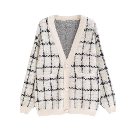 Damen Kuscheliger Oversized-Strickcardigan mit Karomuster EB
