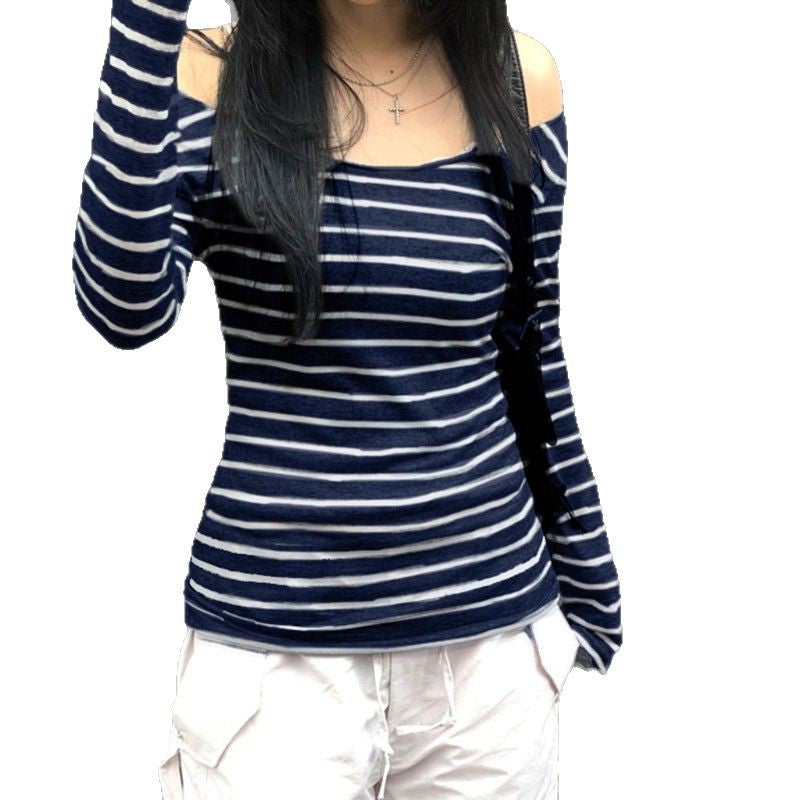 Damen nan schulterfreies gestreiftes Langarmshirt mit weitem U-Boot-Ausschnitt und figurbetonter Taillierung EB