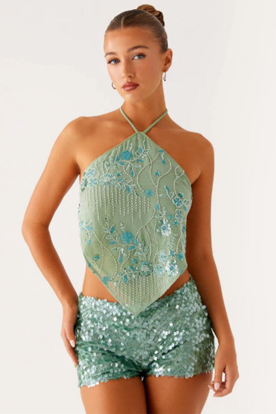 Damen Elegantes Oberteil mit funkelnden Pailletten und floralem Design EB
