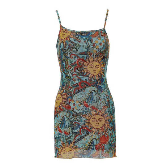 Damen Minikleid mit schickem Sonnen-Design und Spaghettiträgern EB