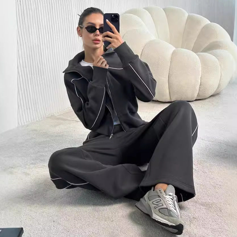 Damen nan zweiteiliges Sport-Loungewear-Set mit Stehkragen und Kontrastpaspel EB