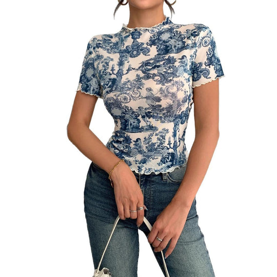 Damen Kurzes T-Shirt mit kreativem Druck und elegantem Stehkragen EB