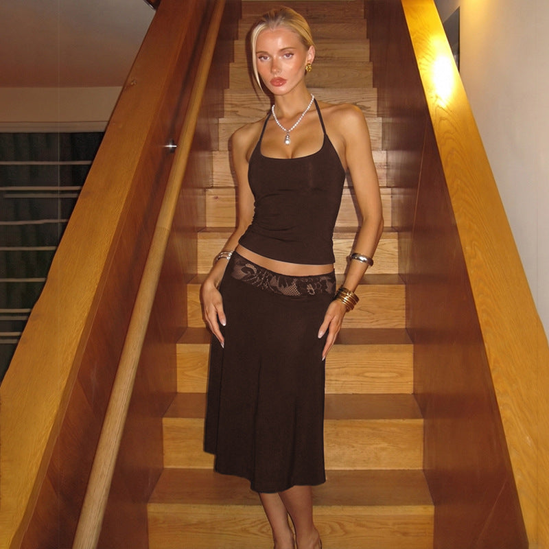 Damen elegantes Trägerkleid mit Spitzenakzent und fließendem Schnitt EB