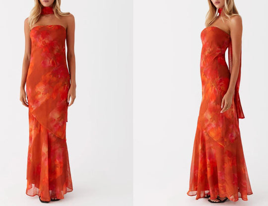 Damen Elegantes Langarm Abendkleid im Blumendesign EB