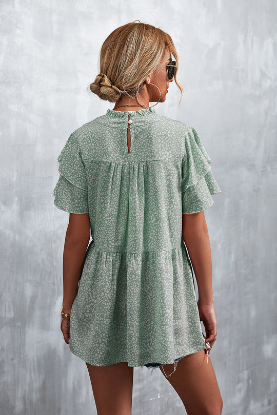 Damen luftiges Freizeitkleid mit voluminösen Rüschen und hohem Stehkragen EB