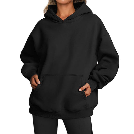 Damen nan Oversize-Kapuzenpullover mit verlängertem Rückenteil, innen angerautem Fleece und Kängurutasche EB