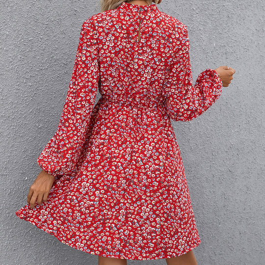 Damen florales Midikleid mit hochgeschlossenem Kragen und Taillengürtel EB