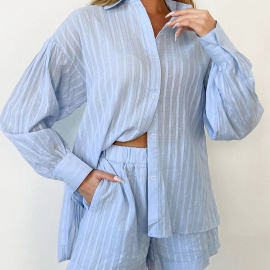 Damen Leichtes Kurzarm-Blusen-Set mit Bund und gestreiftem Design EB