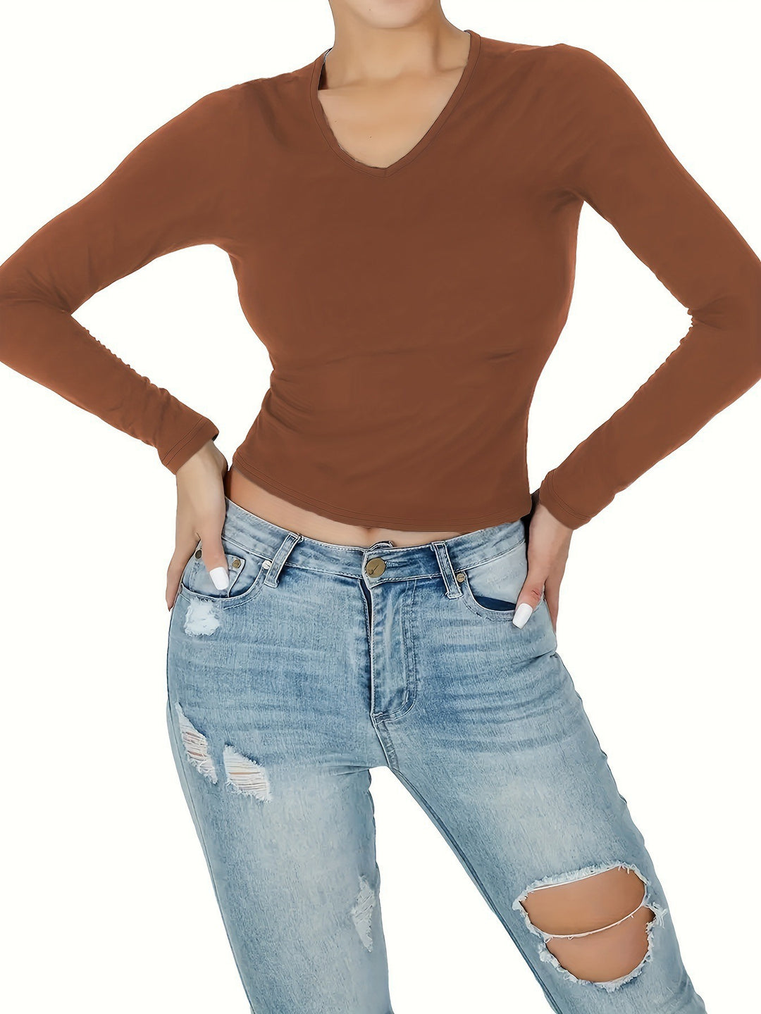 Damen Langarmshirt mit figurbetonter Passform und V-Ausschnitt EB