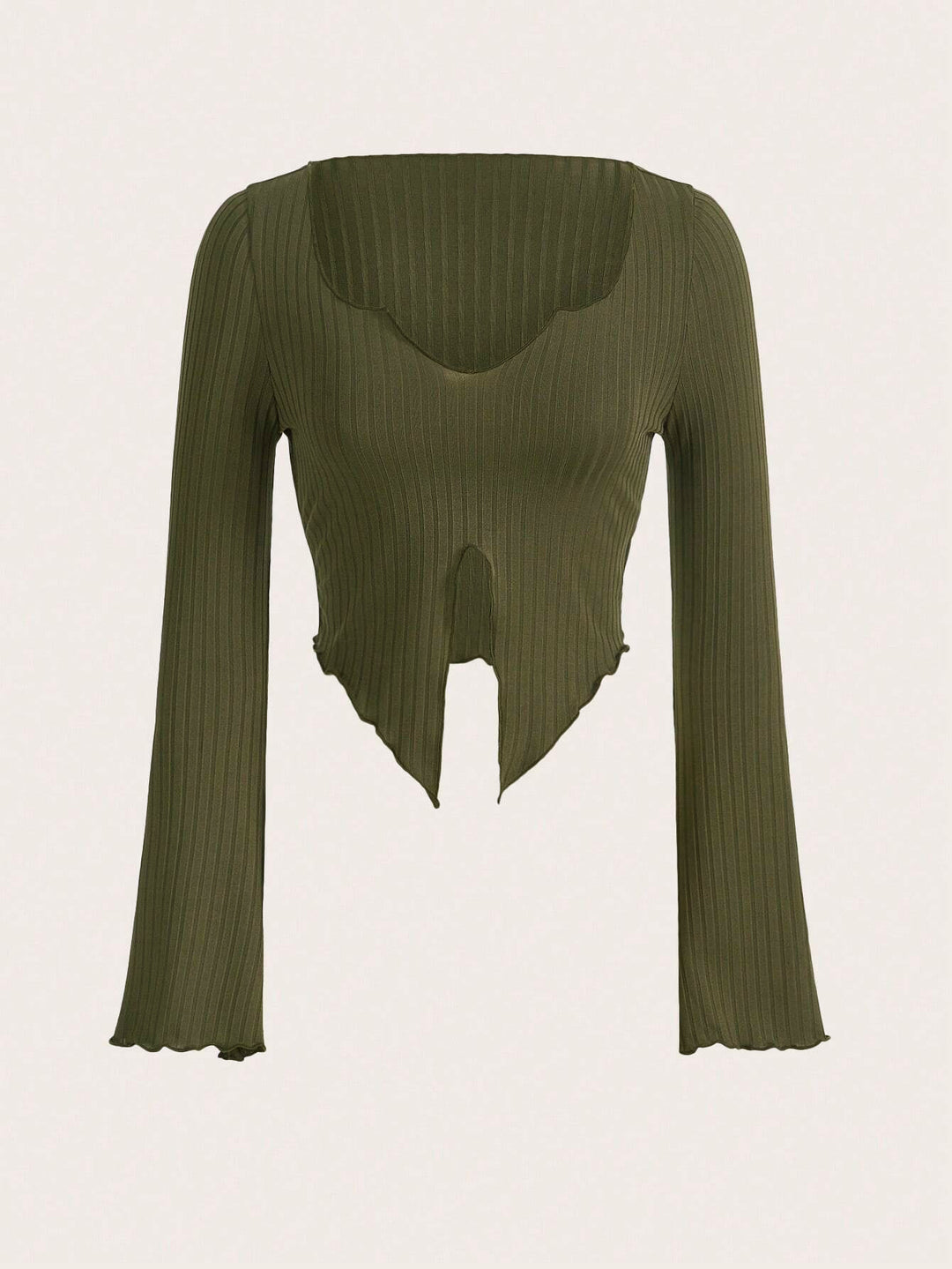 Damen fein geripptes Cropped-Longsleeve mit asymmetrischem Wellensaum und Cut-Out Eichborn Berlin