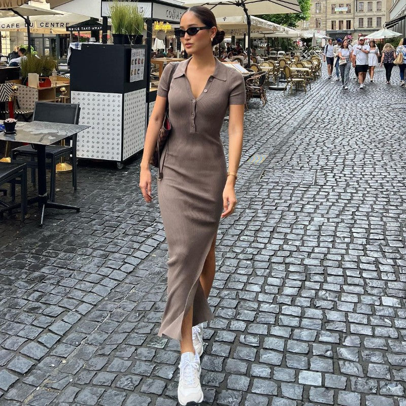 Damen Maxikleid mit kurzem Arm und klassischem Kragen EB
