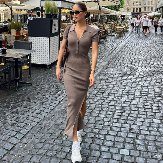 Damen Maxikleid mit kurzem Arm und klassischem Kragen EB