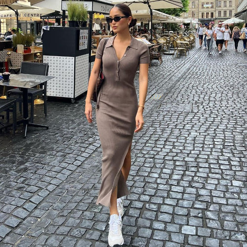Damen Maxikleid mit kurzem Arm und klassischem Kragen EB