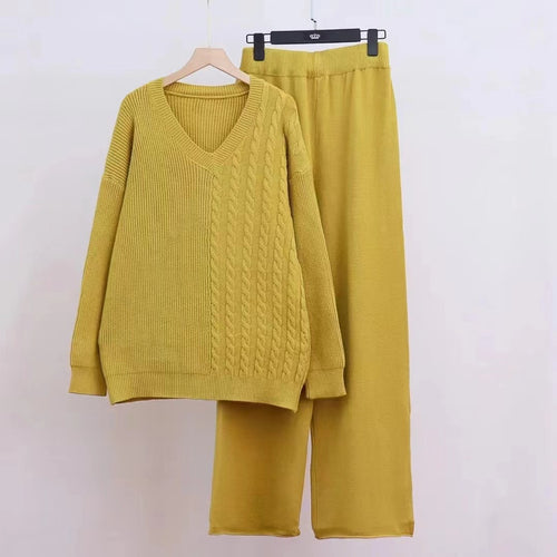 Damen Kuscheliges Strickensemble mit V-Ausschnitt und weitem Bein EB