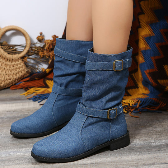 Damen nan lässige Slouch-Ankleboots mit zwei Zier-Riemen und dekorativen Metallschnallen EB