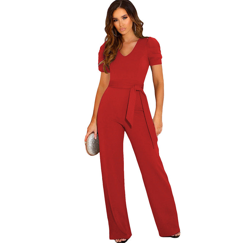 Damen Eleganter Jumpsuit mit Taillengürtel und Puffärmel EB