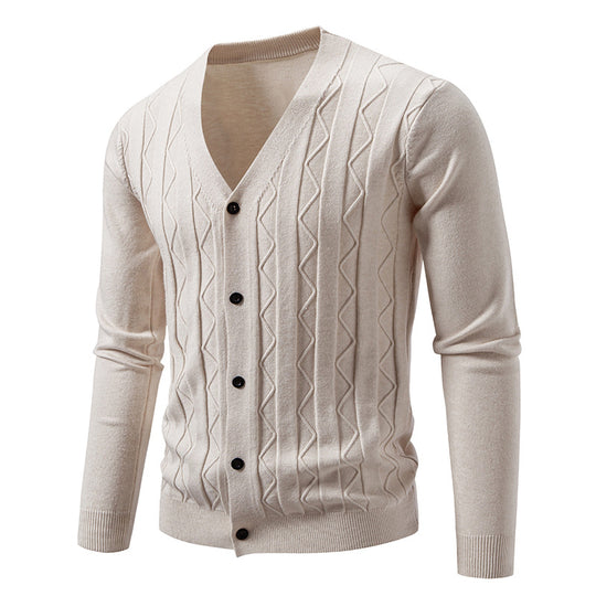 Herren nan V-Ausschnitt Strickjacke mit dezenter Zopfmusterstruktur und durchgehender Knopfleiste EB