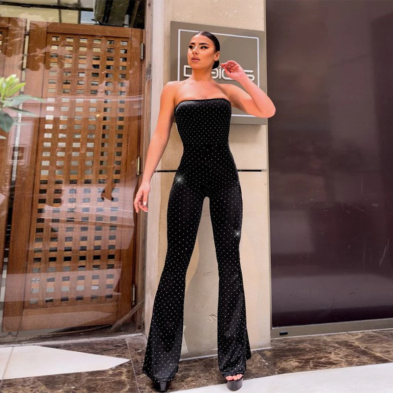 Damen schulterfreier Jumpsuit mit eleganten Pailletten und Schuhschnallen EB