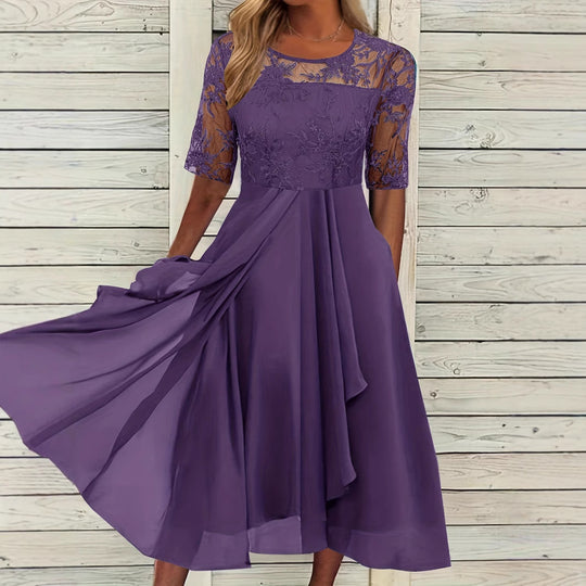 Damen Elegantes Midikleid mit Spitzenärmeln und schwingendem Rock EB