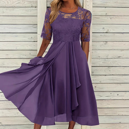 Damen Elegantes Midikleid mit Spitzenärmeln und schwingendem Rock EB