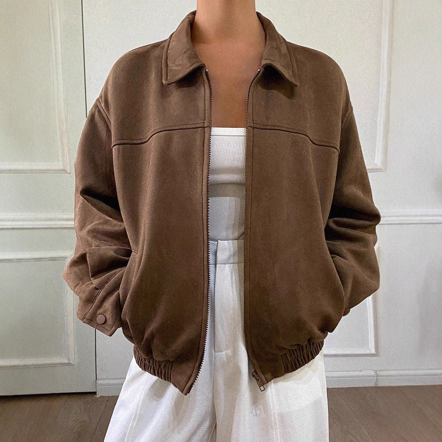 Damen Oversized Wildlederoptik Bomberjacke mit Reißverschluss und elastischem Saum EB