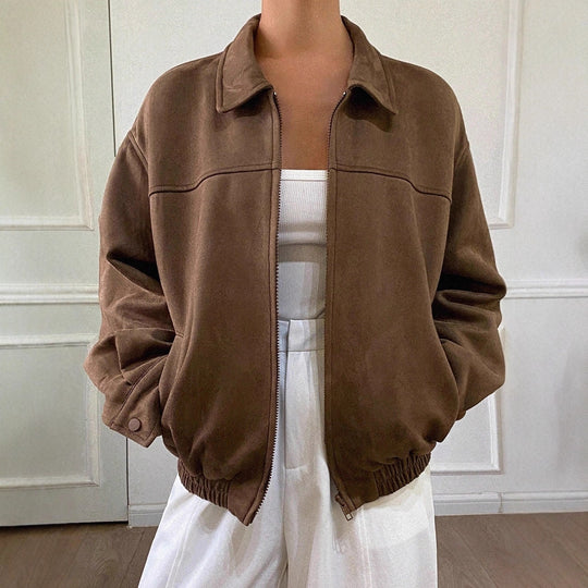Damen Oversized Wildlederoptik Bomberjacke mit Reißverschluss und elastischem Saum EB