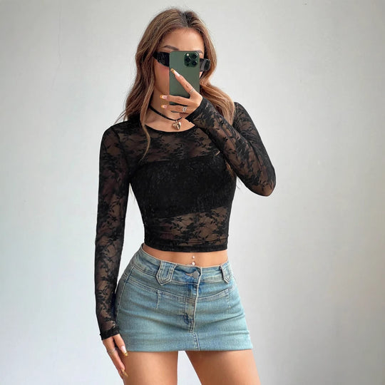 Damen Transparente Langarmbluse mit floralem Design EB