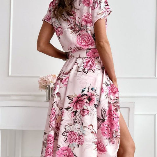 Damen Maxikleid mit Wickeldetail und farbenfrohem Blumenmuster EB