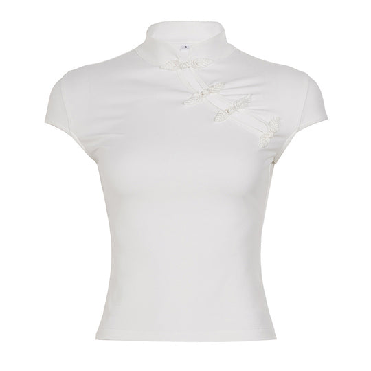 Damen elegantes Kurzarm-Top mit hochgeschlossenem Kragen und feinen Spitzeinsätzen EB