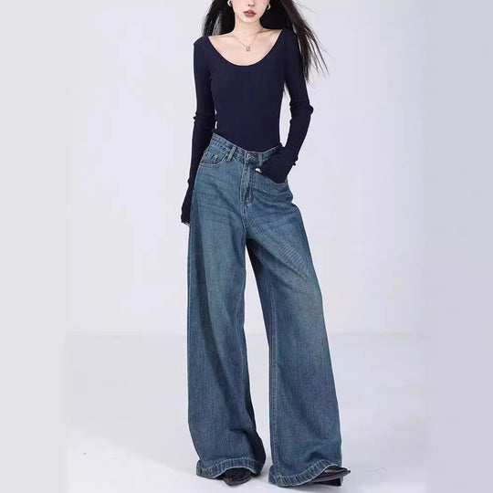 Damen Weite High-Waist Jeans mit tiefem Schritt und elegantem Schnitt EB