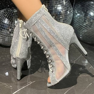 Damen Glitzernde High-Heels mit transparentem Netzdesign und eleganter Schnürung EB