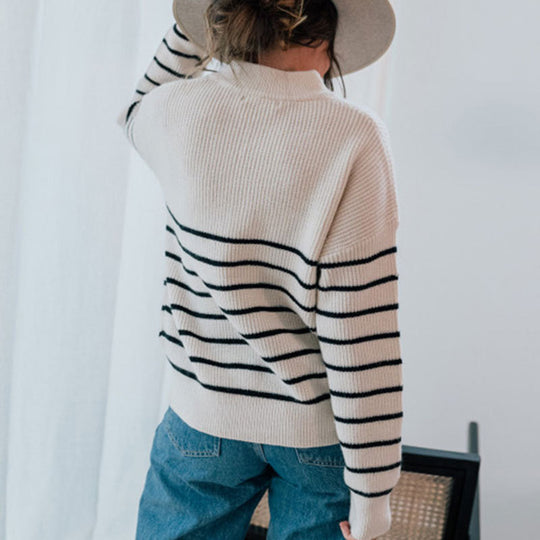 Damen Strickpullover mit halbem Reißverschluss und Streifenmuster EB