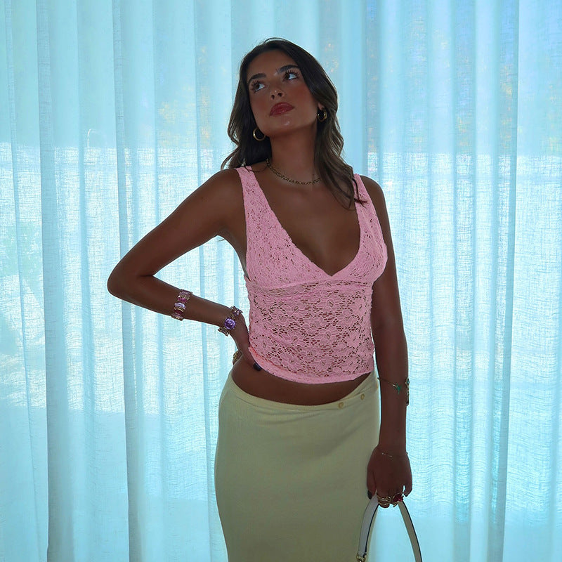 Damen Spitzen-Crop-Top mit tiefem V-Ausschnitt und Rüschendesign EB