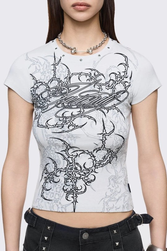Damen Figurbetontes Kurzarm-T-Shirt mit Grafischem Design EB